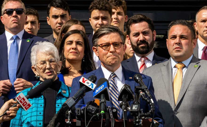 Speaker of the House Mike Johnson visited Columbia University on April 24 to meet with Jewish students and make remarks about concerns that the ongoing demonstrations have become antisemitic.