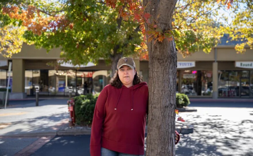 Shaylee Koontz, 36, in San Rafael, on Oct. 27, 2025. Koontz’s mother helped her get into CARE Court, but she exited the program before getting stable housing.