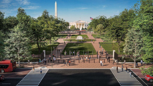 A rendering from the Trump administration's proposal shows what the fencing would look like, when open, looking south toward the White House from H Street.