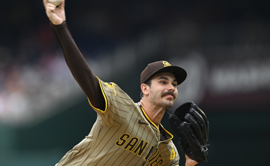 San Diego Padres starting pitcher Dylan Cease throws during the inning of a baseball game against the Washington Nationals, Thursday, July 25, 2024, in Washington.