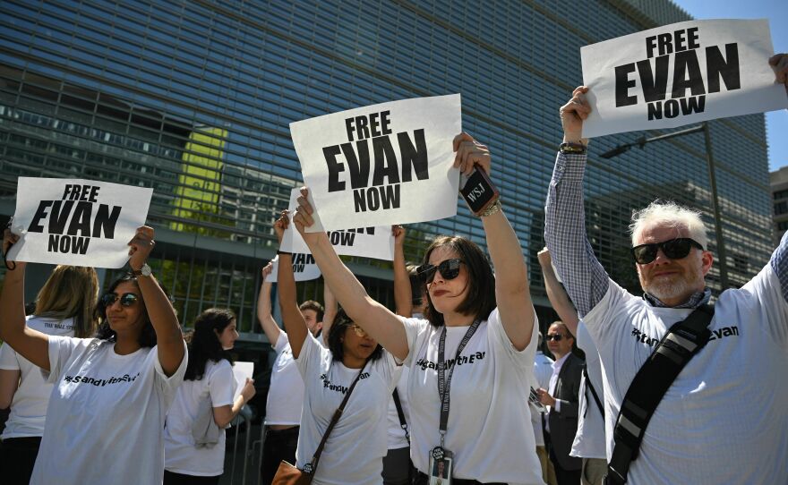 The Independent Association of Publishers' Employees and <em>Wall Street Journal</em> journalists rally in Washington, D.C., on April 12, 2023, calling for the release of reporter Evan Gershkovich, who has been held in Russia since March 29, 2023.