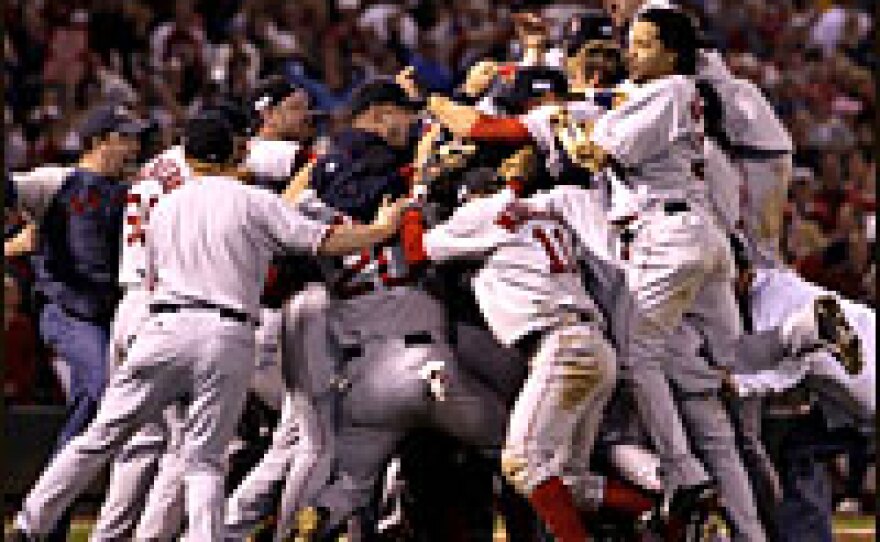 Boston Red Sox players celebrate their World Series win over the St. Louis Cardinals on Oct. 27.