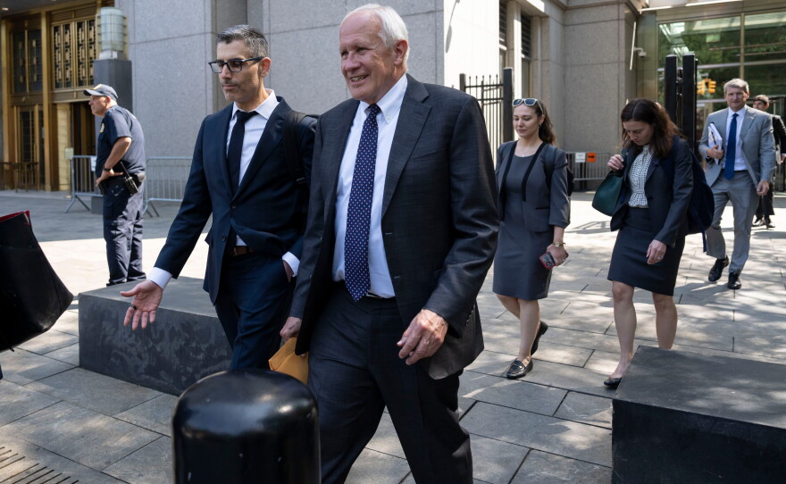 David McCraw, right, general counsel for the New York Times, and Douglas Zolkind, left, attorney for the New York Times, leave Manhattan federal court, Thursday, July 23, 2026, in New York.