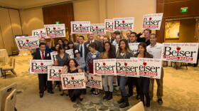 Kevin Beiser, President, San Diego Unified School Board poses with supporters at Westin Hotel, downtown San Diego, on election night, November 4, 2014.
