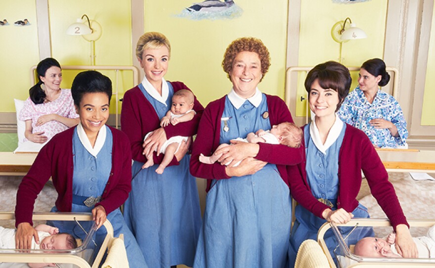 (L-R) Nurse Lucille Anderson (LEONIE ELLIOTT), Nurse Trixie (HELEN GEORGE), Nurse Crane (LINDA BASSETT), Valerie Dyer (JENNIFER KIRBY) on Season 9 of CALL THE MIDWIFE.