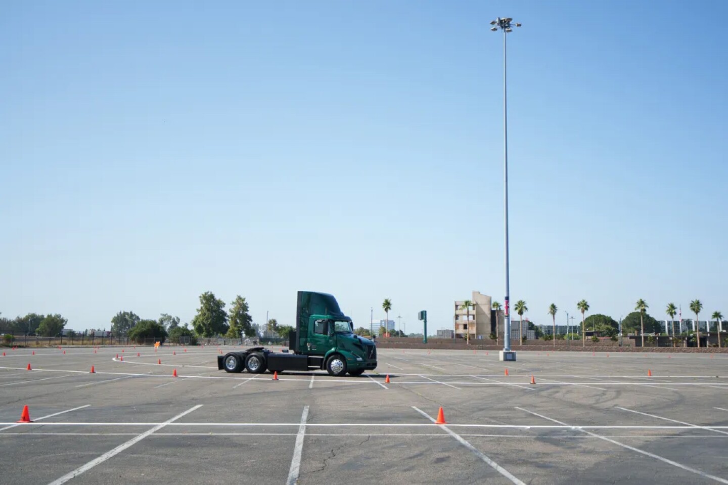 A zero-emission heavy-duty truck shown at an exhibition in Anaheim.