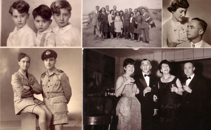 Mico Alvo, a survivor of the Holocaust (clockwise): Mico with his brothers Danny and Tori in the 1920s; Mico Alvo and Antonis Papahrisanthou in Cairo, 1943; Mico and his wife, Mari, in their engagement photo from Thessaloniki, Greece, 1951; Mico and Mary with friends in Greece, 1961.