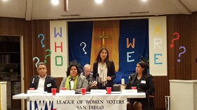 Candidates for the San Diego City Council District 9 seat attend a League of Women Voters forum, April 27, 2016. Shown from left to right are Ricardo Flores, Georgette Gomez, Araceli Martinez and Sarah Saez.
