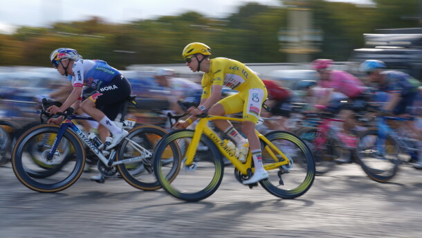 Slovenia's Tadej Pogacar, wearing the overall leader's yellow jersey, rides during the last stage of the Tour de France cycling race with start and finish in Paris, Sunday, July 26, 2026.