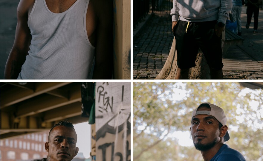 Asylum-seekers who arrived in New York City under the expressway that has provided them shelter.