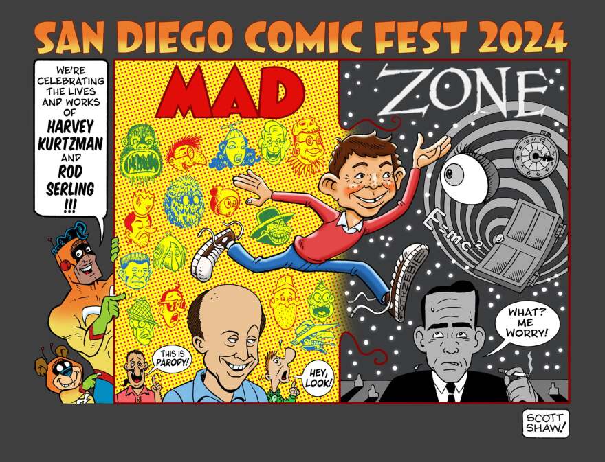 The t-shirt design by Scott Shaw! for the 10th San Diego Comic Fest. Undated photo.