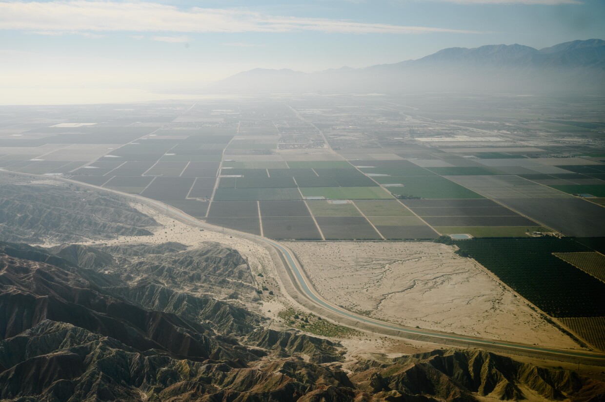 Farmland on the edge of Riverside and Imperial Counties is pictured during a flyover on Feb. 15, 2024. Parts of the proposed Chuckwalla National Monument sit on the edge of agricultural land, including the Mecca Hills preserve.