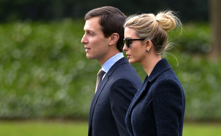 White House senior adviser Jared Kushner and his wife, Ivanka Trump, walk toward Marine One at the White House on March 3. A watchdog group says that Kushner should recuse himself from certain duties since he is President Trump's son-in-law and has potentially conflicting business ties.