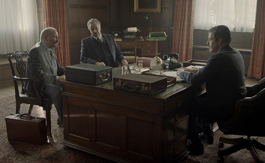 Actor Jonathan Tafler as Chaim Weitzman, actor Simon Mattacks as Moshe Shertok and actor Oliver Senton as Anthony Eden meeting in the Foreign Office, London.