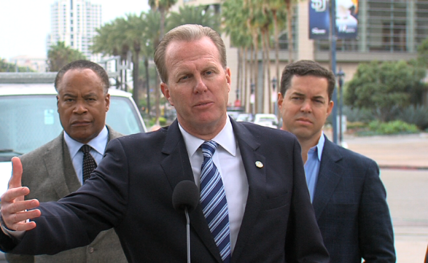 San Diego Mayor Kevin Faulconer announces the members of his Citizens' Stadium Advisory Group in downtown San Diego, Jan. 30, 2015.