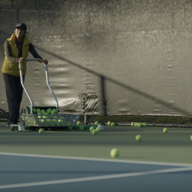 Tammy Redondo is seen pushing a cart full of tennis balls in this undated still from the "Love All" documentary.