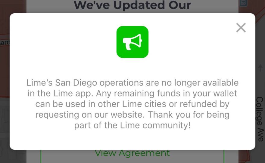 A screenshot of the Lime app with a message saying that Lime is no longer operating in San DIego, Jan. 9, 2020.