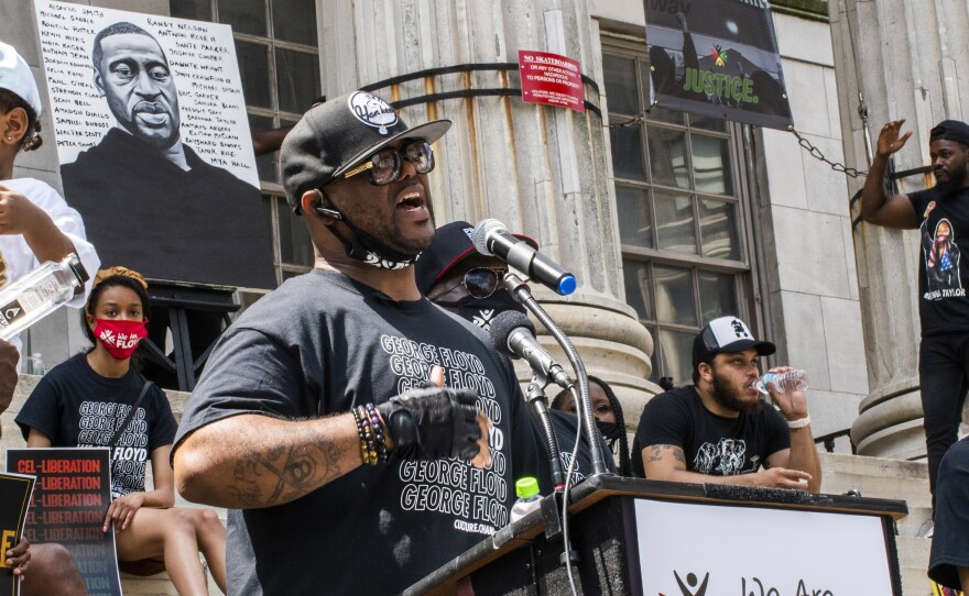 Terrence Floyd, brother of George Floyd, speaks during a rally on Sunday, in Brooklyn borough of New York.
