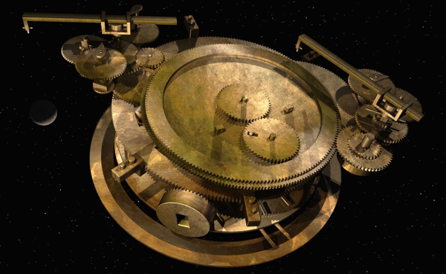 The gearing at the back of the Antikythera Mechanism, which includes the epicyclically-mounted pin & slot device that follows the variable motion of the Moon.