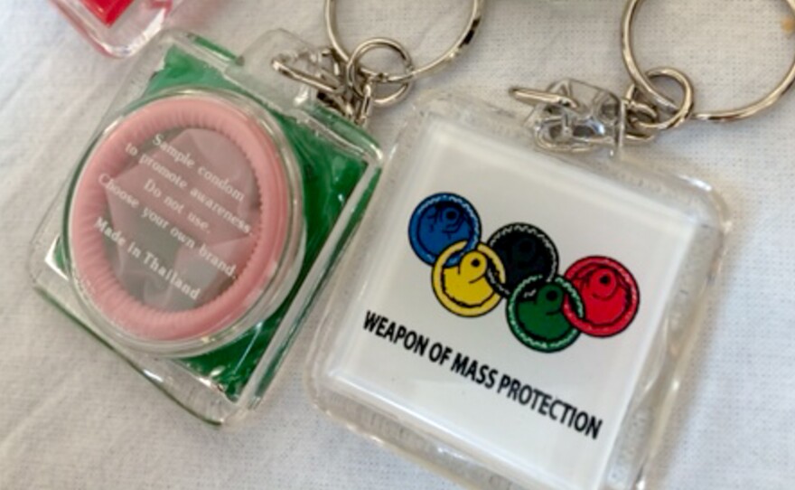 Is that a condom in your keychain or are you just glad to see me? This giveaway item is one example of Mr. Condom's many condom-promoting campaigns.