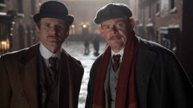 Shown from left to right: Charles Edwards as Alfred Wood and Martin Clunes as Sir Arthur Conan Doyle.