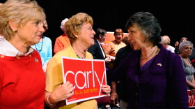 Republican candidate for U.S. Senate and former head of Hewlett-Packard Carly Fiorina (R) greets Doris Pospichal (C) and Colleen Mitchell (L) of the Republican Club of Laguna Woods Village, after speaking to the residents retirement community on October 28, 2010 in Laguna Woods, California.