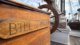 The Bill of Rights displays its name on the wheel of the ship, April 1, 2026.