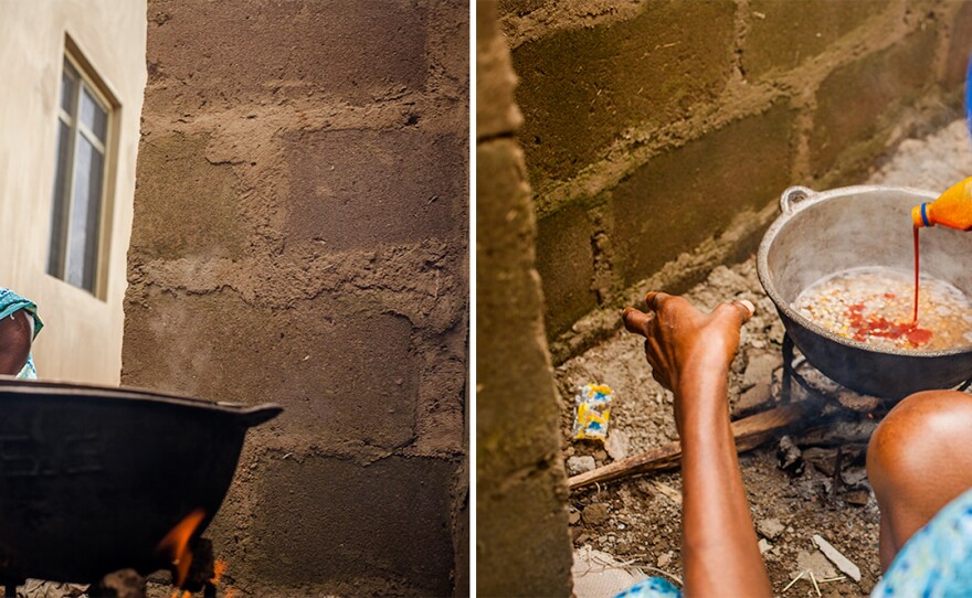 Left: Mary prepares a dish of beans and corn. The couple relies on food donations and vegetables from their garden, including corn and yams, for meals. Right: Mary seasons the dish with pepper.