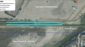 This image shows SANDAG's preferred location for the San Dieguito double track and special events train platform near the Del Mar Fairgrounds. 