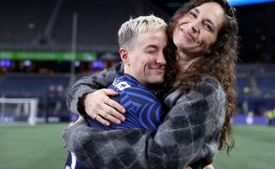 Megan Rapinoe, left, and Sue Bird on Oct. 06, 2023 in Seattle, Wash.