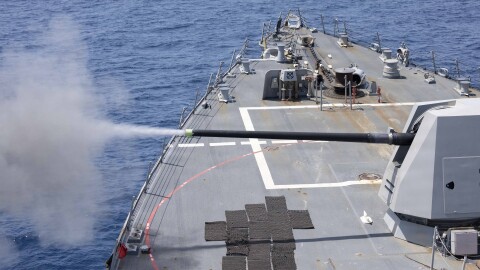 U.S. Navy Arleigh Burke-class guided-missile destroyer USS Spruance (DDG 111) fires a Mark 45 5-inch gun during a live-fire gunnery exercise Jan. 22, 2026. (U.S. Navy photo by Mass Communication Specialist 2nd Class Jordan Steis)