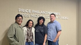 Daily Aztec sports editor Roman Aguilar (left), The Point editor in chief Sydney Brammer, KCR production director and KPBS student assistant Alina Ajaz, stand in the KPBS Midday Edition studio with Roundtable host Andrew Bracken (right), Feb. 6, 2026.