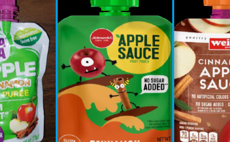 An image provided by the Food and Drug Administration shows the three recalled products: WanaBana Apple Cinnamon Fruit Puree pouches, Schnucks cinnamon-flavored applesauce pouches and variety pack and Weis cinnamon applesauce pouches.