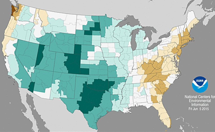 A map showing how rainfall during May 2015 stacks up to the historical average.