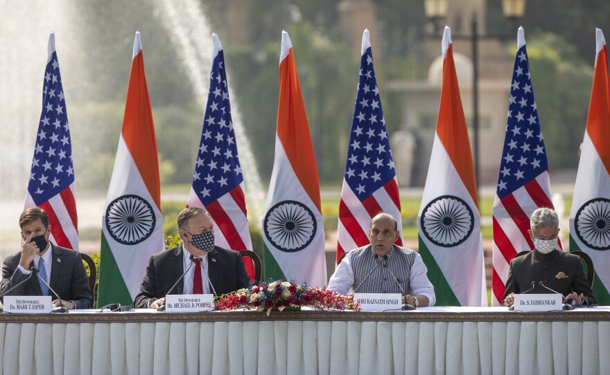 U.S. Secretary of Defense Mark Esper, U.S. Secretary of State Mike Pompeo, Indian Defense Minister Rajnath Singh and Foreign Minister Subrahmanyam Jaishankar (left to right) address a joint press conference on Tuesday at Hyderabad House in New Delhi.