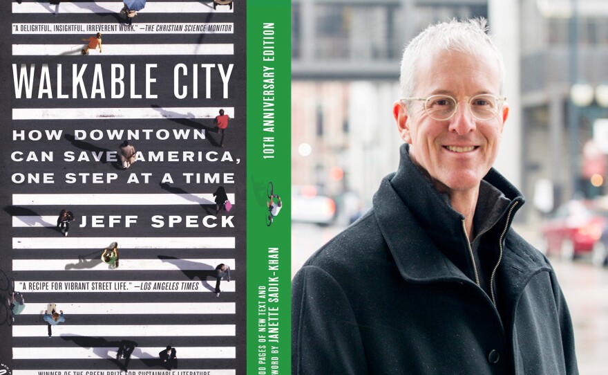 Author Jeff Speck is shown in this undated photograph alongside the cover of his book "Walkable City: How Downtown Can Save America, One Step at a Time."
