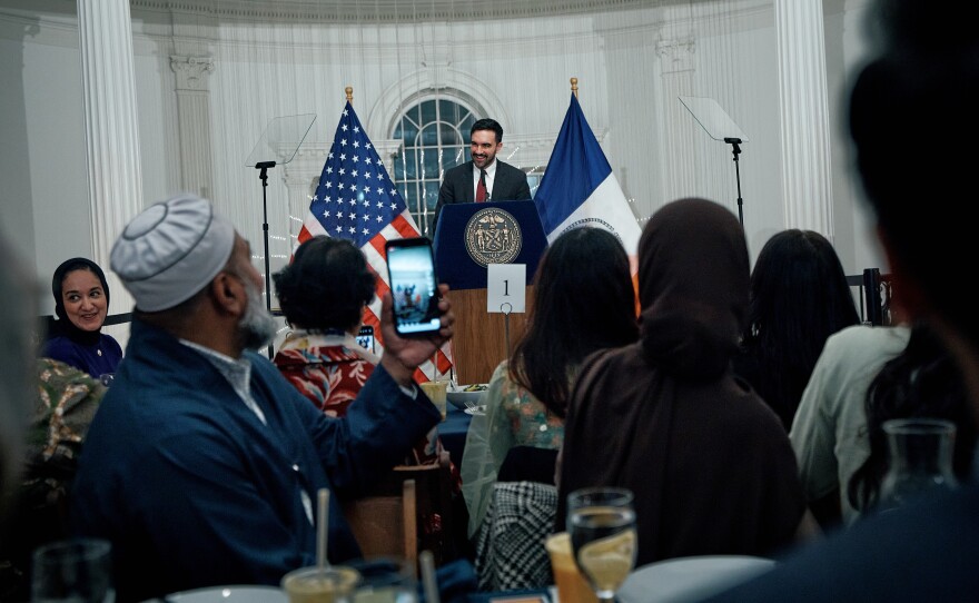 New York City Mayor Zohran Mamdani speaks to city workers during a Ramadan iftar meal at the Museum of the City of New York.