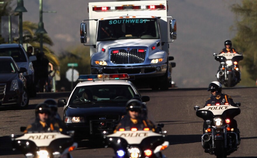 Gabrielle Giffords traveled by ambulance, private jet and helicopter from the University Medical Center in Tucson to a rehabilitation hospital in Houston on Friday.