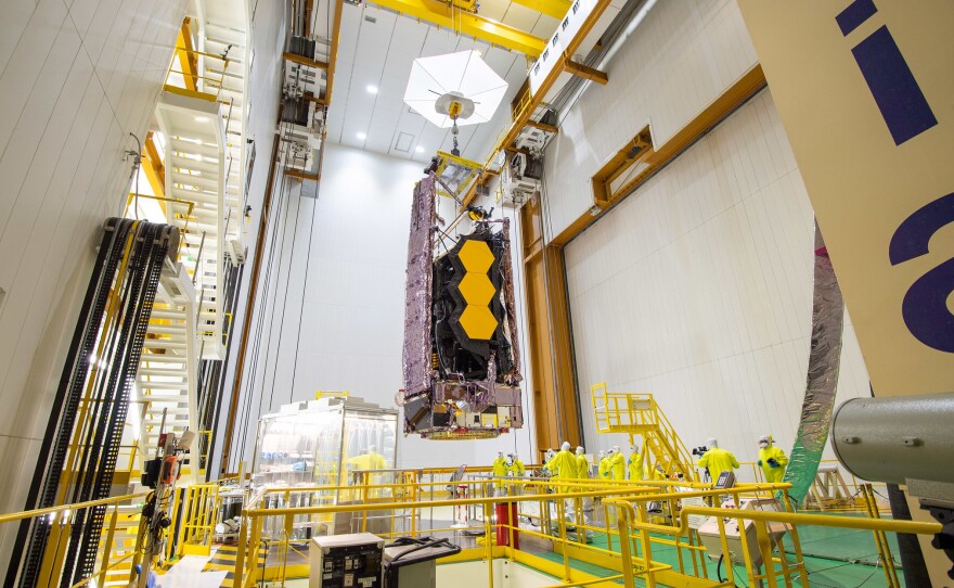NASA's James Webb Space Telescope is secured on top of the Ariane 5 rocket that will launch it to space from Europe's Spaceport in French Guiana on Dec. 11.