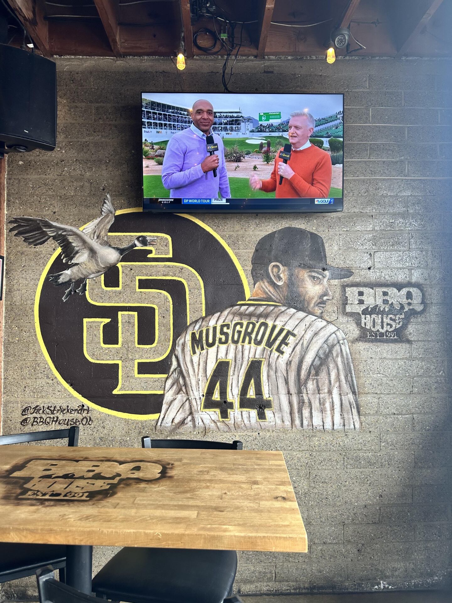Artist Jack Stricker actually met Padres pitcher Joe Musgrove while painting this mural on the side of BBQ House Bar and Grill in Ocean Beach. (Feb. 6, 2024)