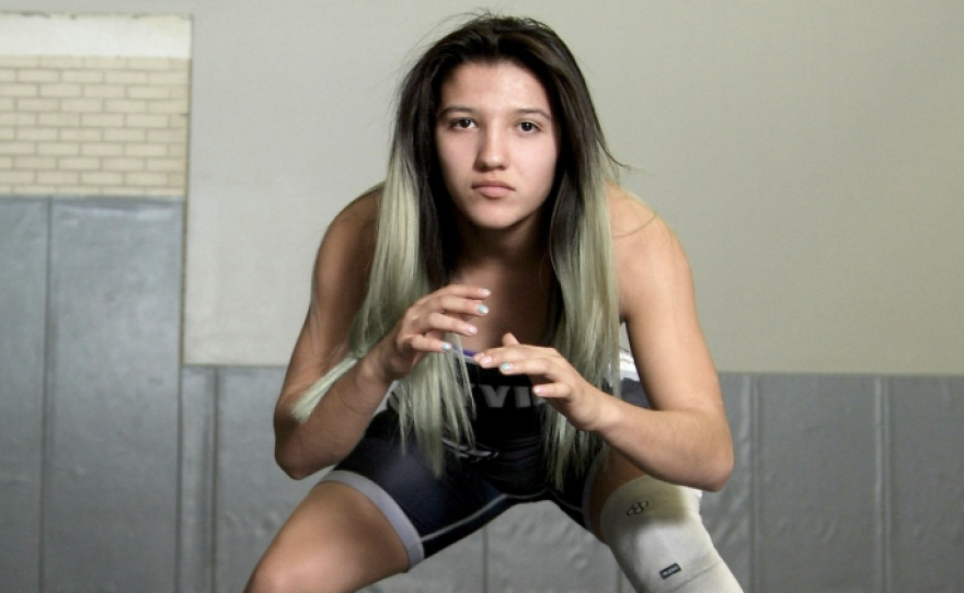 Jaslynn Gallegos settles into her wrestling stance.