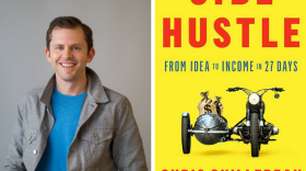 An undated photo of author Chris Guillebeau next to a book cover of "Side Hustle: From Idea to Income in 27 Days."
