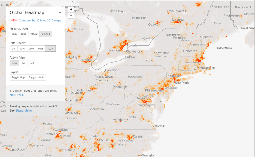 A screenshot from the Strava Labs website shows the visualization of biking activity data around the world. The <a href="http://labs.strava.com/heatmap/#3/-45.61523/8.10274/gray/bike">Strava Global Heatmap</a> is free of charge for advocacy organizations and the general public to access online.
