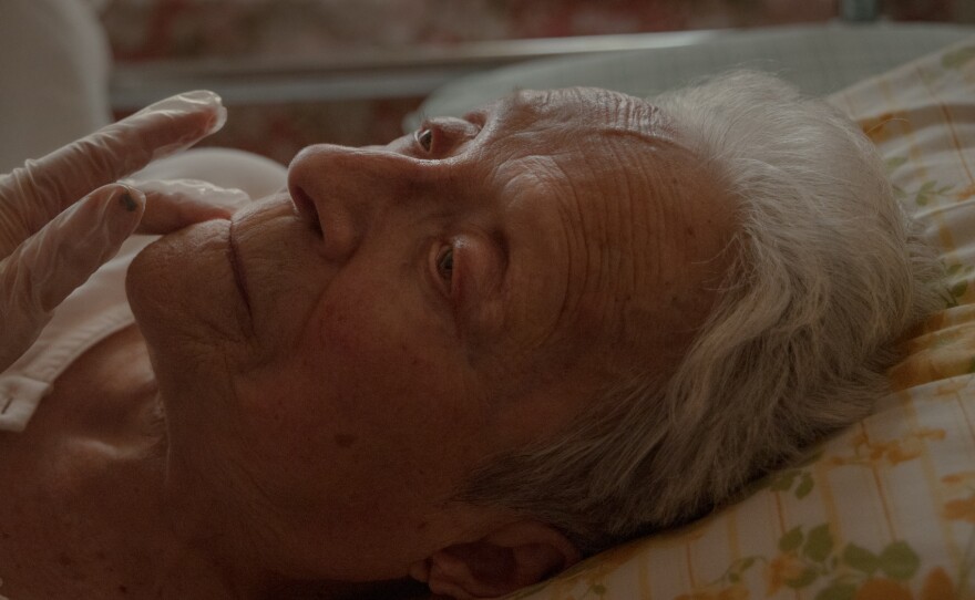 Lyubov's hand tenderly caresses Lidia's face. Lyubov, who has lived in Italy since 2007, started caring for Lidia in January 2021. Lyubov played a vital role in my grandmother's physical and psychological recovery. The two built a strong bond in a short time. Within a year, my grandmother was achieving small successes every day with Lyubov's help.