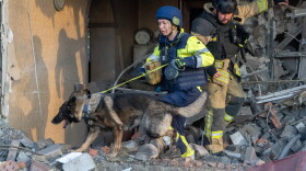 Rescuers with a search dog look for victims among the rubble of a house after a Russian air attack in Kharkiv, Ukraine, Tuesday, Oct. 20, 2026.