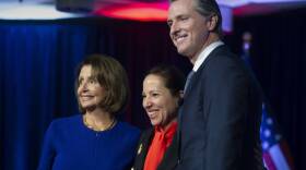 Congresswoman Nancy Pelosi, Lt. Gov. Eleni Kounalakis and Gov. Gavin Newsom stand together on stage at the Tsakopoulos Library Galleria on Jan. 7, 2019 in Sacramento. 