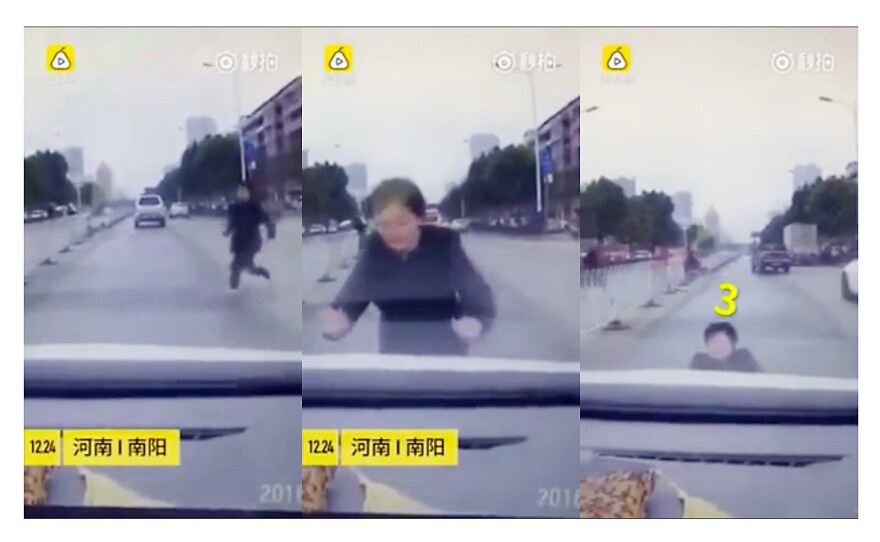 Stills from a video of a woman pretending to be hit by a stopped car. They're calling her "China's worst actress."