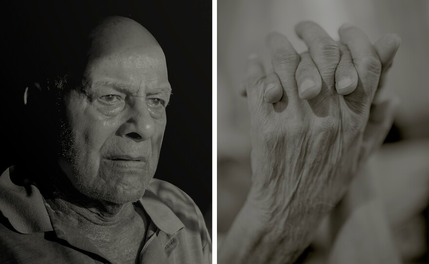 Left: Photographer Neha Hirve's grandfather, Shriram, in the blistering morning sun. Right: Hirve's grandparents hold hands as they take their afternoon nap.