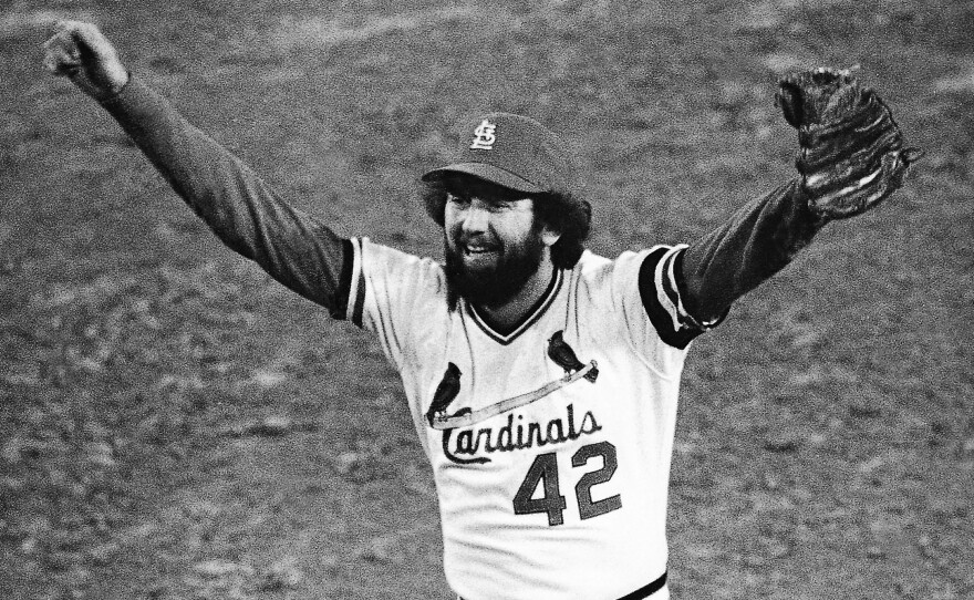 St. Louis Cardinals ace reliever Bruce Sutter celebrates after the last out in the ninth inning of Game 7 of the World Series at St. Louis, on Oct. 20, 1982. The Hall of Famer and 1979 Cy Young winner has died at age 69.