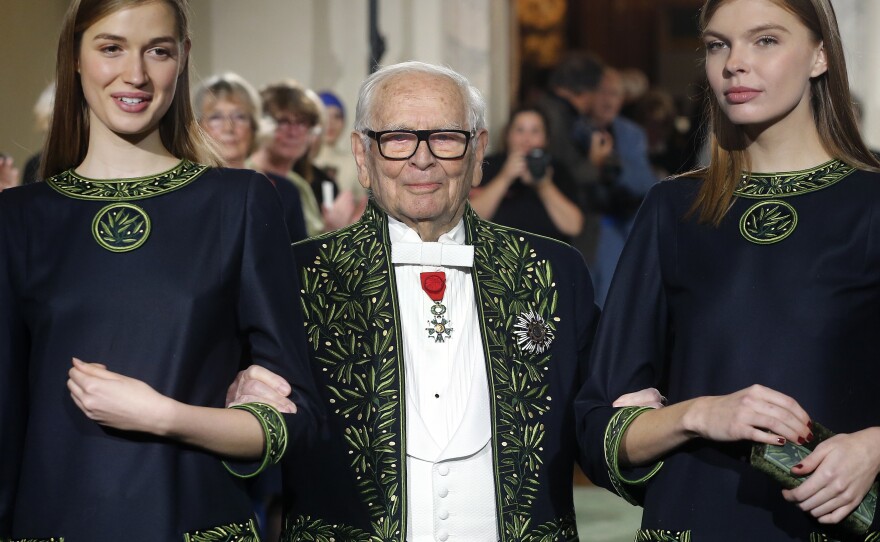 French designer Pierre Cardin has died at age 98. Here, the member of the Académie des Beaux-Arts is seen in 2016, at the end of a fashion show marking 70 years of his creations at the Institut de France in Paris.
